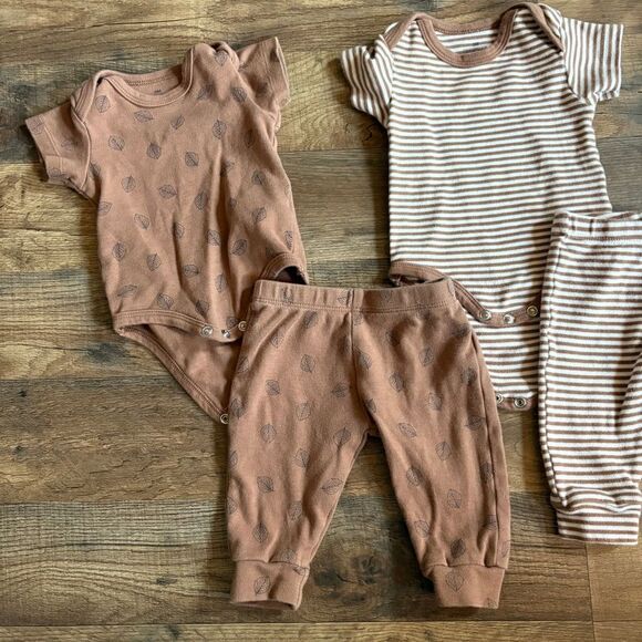 Lot of 3 Matching Baby Outfits Onesie & Pants Brown Cream Gray 3M - Picture 7 of 9